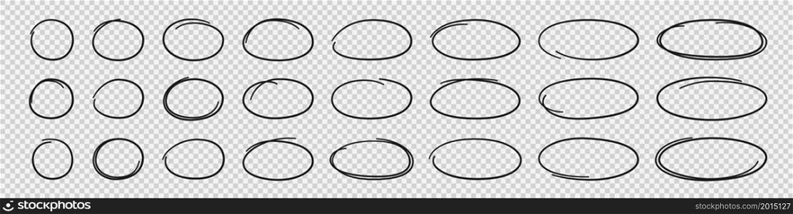 Hand drawn ovals and circles set. Ovals of different widths. Highlight circle frames. Ellipses in doodle style. Set of vector illustration isolated on transparent background.. Hand drawn ovals and circles set. Ovals of different widths. Highlight circle frames. Ellipses in doodle style. Set of vector illustration isolated on transparent background