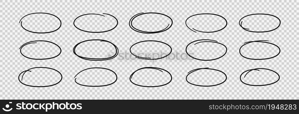 Hand drawn ovals. Highlight circle frames. Ellipses in doodle style. Set of vector illustration isolated on transparent background.. Set of hand drawn ovals. Highlight circle frames. Ellipses in doodle style. Vector illustration isolated on transparent background
