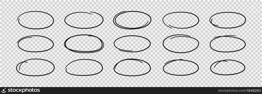 Hand drawn ovals. Highlight circle frames. Ellipses in doodle style. Set of vector illustration isolated on transparent background.. Set of hand drawn ovals. Highlight circle frames. Ellipses in doodle style. Vector illustration isolated on transparent background