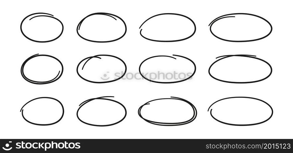 Hand drawn ovals set. Ovals of different widths. Highlight circle frames. Ellipses in doodle style. Set of vector illustration isolated on white background.. Hand drawn ovals set. Ovals of different widths. Highlight circle frames. Ellipses in doodle style. Set of vector illustration isolated on white background