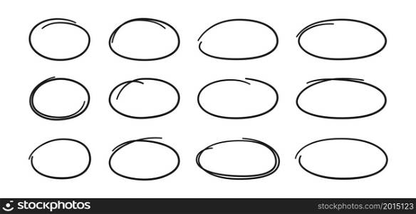 Hand drawn ovals set. Ovals of different widths. Highlight circle frames. Ellipses in doodle style. Set of vector illustration isolated on white background.. Hand drawn ovals set. Ovals of different widths. Highlight circle frames. Ellipses in doodle style. Set of vector illustration isolated on white background