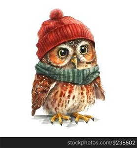 Hand drawn owl christmas hat watercolor for decoration design. Vector art illustration. Fashion sketch. Retro vector illustration Winter holiday season. Cartoon style.