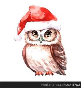 Hand drawn owl christmas hat watercolor for decoration design. Vector art illustration. Fashion sketch. Retro vector illustration Winter holiday season. Cartoon style.