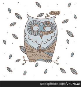 Hand drawn Owl with falling leaves. Vector illustration.