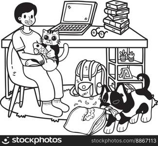 Hand Drawn owner plays with the dogs and cats in the office room illustration in doodle style isolated on background