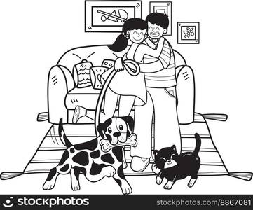 Hand Drawn owner plays with the dogs and cats in the room illustration in doodle style isolated on background