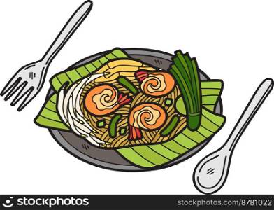 Hand Drawn Pad Thai or Thai food illustration isolated on background