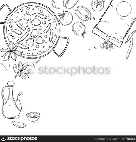 Hand drawn paella set. Vector background.. Paella set. Vector background.