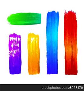 hand drawn paint brush texture. vector colorful red green blue yellow violet artistic hand drawn paint brush realistic texture strokes decoration elements set isolated white background