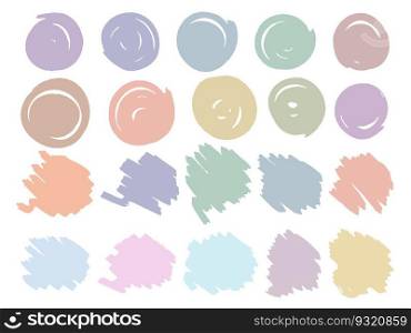 Hand drawn paint stains and strokes set. Abstract pastel shapes for design. Smudge color ink collection, vector illustration. Hand drawn paint stains and strokes set