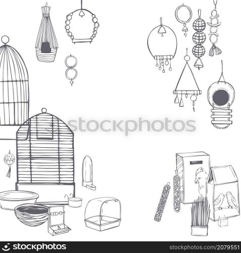 Hand drawn parrots stuff set. Toys, food, and pet care accessories. Vector background. Sketch illustration.