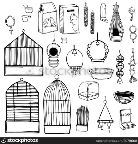 Hand drawn parrots stuff set. Toys, food, and pet care accessories. Vector sketch illustration.