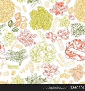 Hand drawn pasta seamless pattern, vintage vector illustration. Color elements on white background