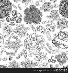Hand drawn pasta seamless pattern, vintage vector illustration. Ink graphic on white background.