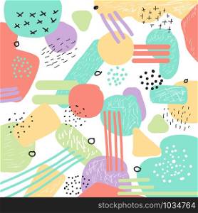 Hand drawn pattern geometric shapes and doodles pastel color background. You can use for poster, card, invitation, header, cover, placard, brochure, flyer, etc. Vector illustration