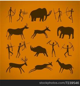 Hand-drawn pattern of cave drawings. ancient petroglyphs. Vector illustration.. Hand-drawn pattern of cave drawings. ancient petroglyphs.