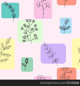 Hand drawn pattern of plants on pastel flower tiles, vector seamless pattern on delicate background