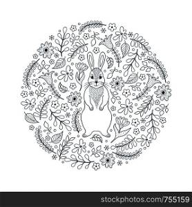 Hand drawn pattern with cat and flowers on white background