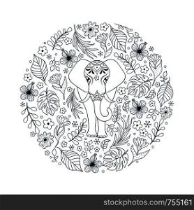 Hand drawn pattern with elephant and tropical flowers on white background