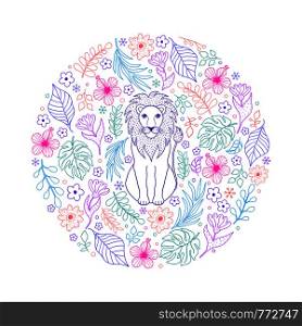 Hand drawn pattern with lion and tropical flowers on white background
