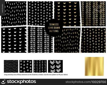 Hand drawn Patterns - a group set of eight abstract seamless patterns - black, gold and white. Geometrical lines and shapes. - black. Hand drawn Patterns - black
