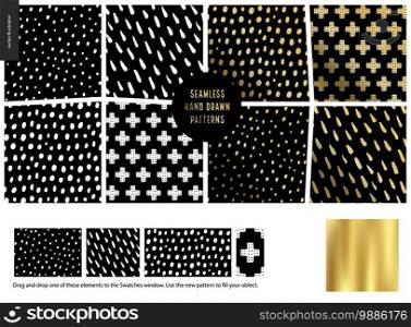 Hand drawn Patterns - a group set of eight abstract seamless patterns - black, gold and white. Geometrical drawings, lines, drops and dots. - black. Hand drawn Patterns - black