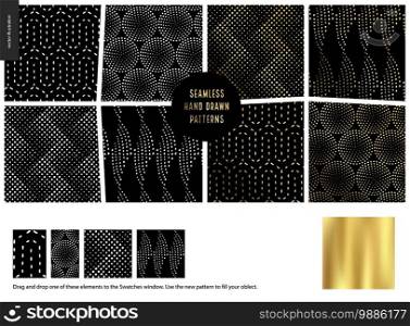 Hand drawn Patterns - a group set of eight abstract seamless patterns - black, gold and white. Geometrical drawings, lines, drops and dots. - black. Hand drawn Patterns - black