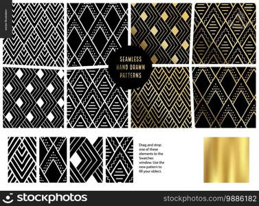 Hand drawn Patterns - a group set of eight abstract seamless patterns - black, gold and white. Geometrical drawings with lines, rubes. - black. Hand drawn Patterns - black