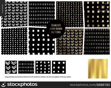 Hand drawn Patterns - a group set of eight abstract seamless patterns - black, gold and white. Geometrical lines, dots and squares. - black. Hand drawn Patterns - black