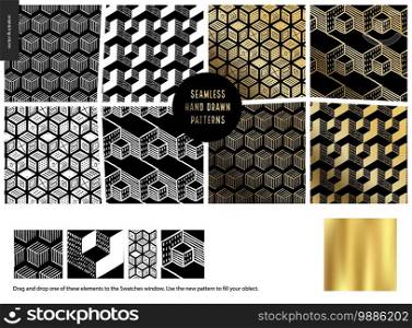 Hand drawn Patterns - a group set of eight abstract seamless patterns - black, gold and white. Geometrical lines and shapes. - black. Hand drawn Patterns - black