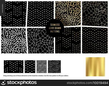 Hand drawn Patterns - a group set of eight seamless abstract patterns - black, gold and white. Geometrical lines and dots. - black. Hand drawn Patterns - black