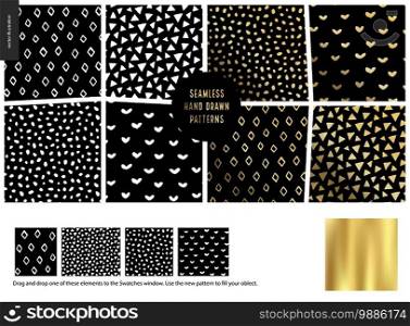 Hand drawn Patterns - a group set of eight seamless abstract patterns - black, gold and white. Rubes, triangles, hearts and dots. - black. Hand drawn Patterns - black