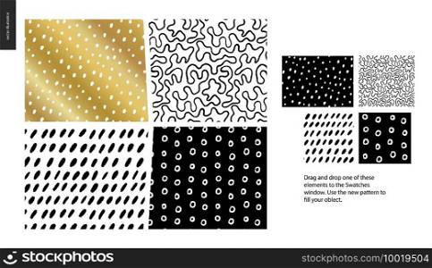Hand drawn Patterns - a group set of four abstract patterns - black, gold and white. Geometrical lines, dots and shapes - pieces. Hand drawn Patterns - pieces