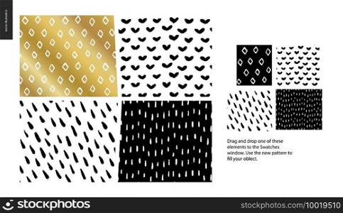 Hand drawn Patterns - a group set of four abstract patterns - black, gold and white. Geometrical lines, dots and shapes - pieces. Hand drawn Patterns - pieces