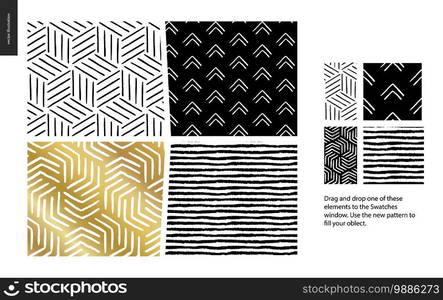 Hand drawn Patterns - a group set of four abstract seamless patterns - black, gold and white. Geometrical lines, dots and shapes - pieces. Hand drawn Patterns - pieces