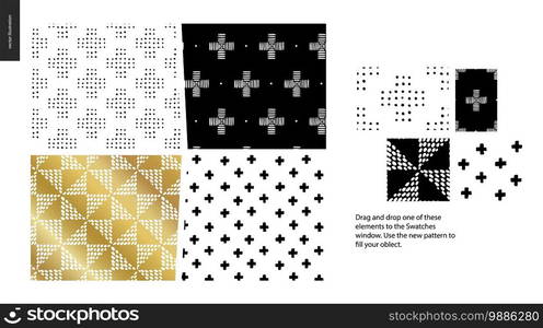 Hand drawn Patterns - a group set of four abstract seamless patterns - black, gold and white. Geometrical lines, dots and shapes - pieces. Hand drawn Patterns - pieces