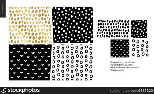 Hand drawn Patterns - a group set of four abstract seamless patterns - black, gold and white. Geometrical lines, dots and shapes - pieces. Hand drawn Patterns - pieces