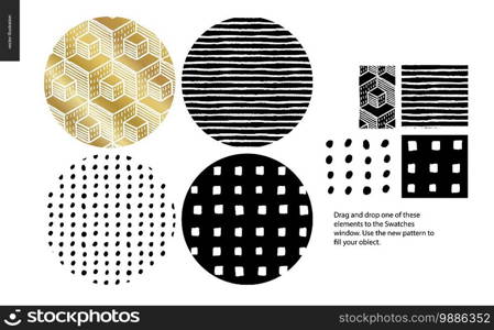 Hand drawn Patterns - a group set of four abstract seamless patterns - black, gold and white. Circle rounded pieces with geometrical lines, dots and shapes - pieces. Hand drawn Patterns - rounded