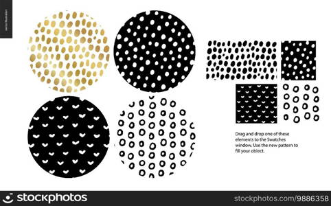 Hand drawn Patterns - a group set of four abstract seamless patterns - black, gold and white. Circle rounded pieces with geometrical lines, dots and shapes - pieces. Hand drawn Patterns - rounded