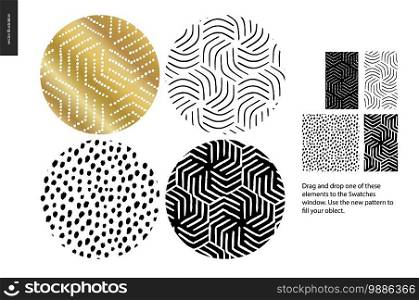 Hand drawn Patterns - a group set of four abstract seamless patterns - black, gold and white. Circle rounded pieces with geometrical lines, dots and shapes - pieces. Hand drawn Patterns - rounded
