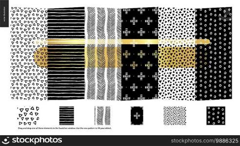 Hand drawn Patterns - a group set of six abstract seamless patterns - black, gold and white. Verticle pieces of geometrical lines, dots and shapes - pieces. Hand drawn Patterns - pieces