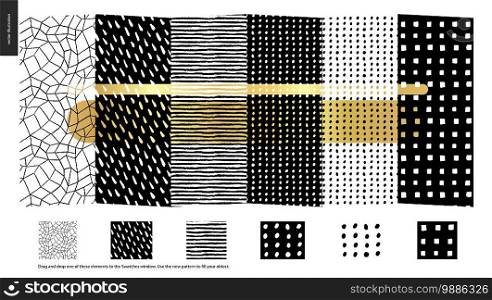 Hand drawn Patterns - a group set of six abstract seamless patterns - black, gold and white. Verticle pieces of geometrical lines, dots and shapes - pieces. Hand drawn Patterns - pieces