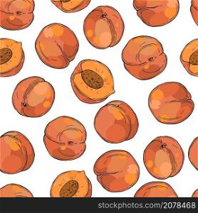 Hand drawn peaches on white background. Vector seamless pattern. . Peach on white background. Vector illustration.
