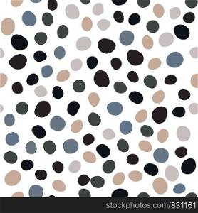 Hand drawn pebble seamless pattern on white background. Random geometric dotted wallpaper. Chaotic stones backdrop. Vector illustration. Hand drawn pebble seamless pattern on white background.