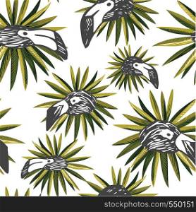 Hand drawn pencil head flamingo green tropical leaves white background. Seamless pattern vector