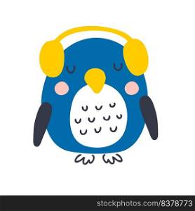 Hand drawn penguin in headset vector illustration. Design for T-shirt, textile and prints.