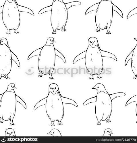 Hand drawn penguins. Vector seamless pattern.