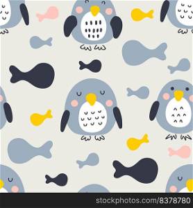 Hand drawn penguins with colorful fish seamless pattern. Perfect for T-shirt, textile and prints. Doodle style vector illustration for decor and design.