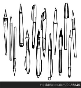 Hand-drawn pens.   Vector sketch illustration.. Pens.   Sketch illustration.