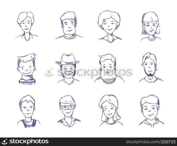 Hand drawn people characters, portrait, avatars vector sketch. Collection of man and woman